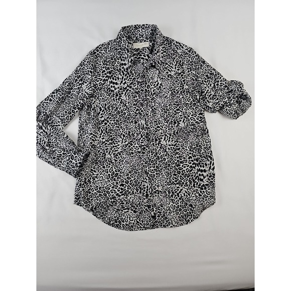 Jones Of New York Sport Tops - Jones New York Animal Print Shirt Silky Black White Leopard Roll Sleeve Sz M